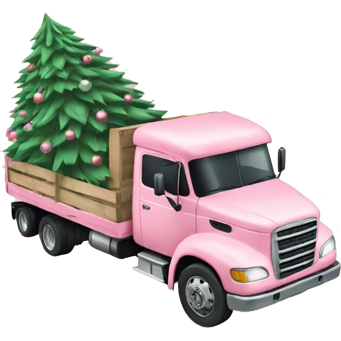 pastel pink truck loaded with a Christmas tree emoji