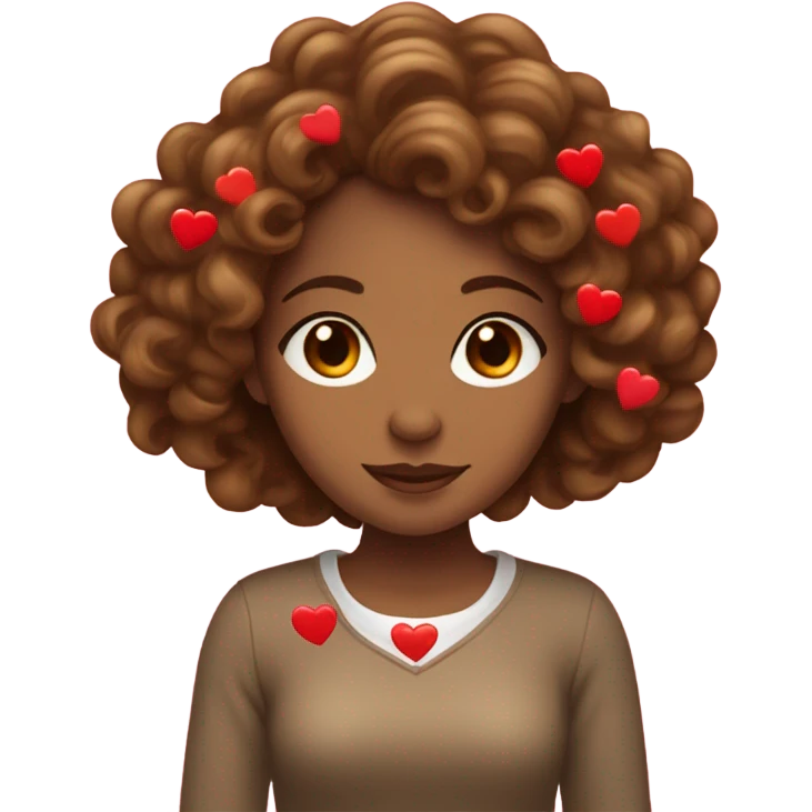 Light brown woman with long brown curly hair with valentines red hearts emoji