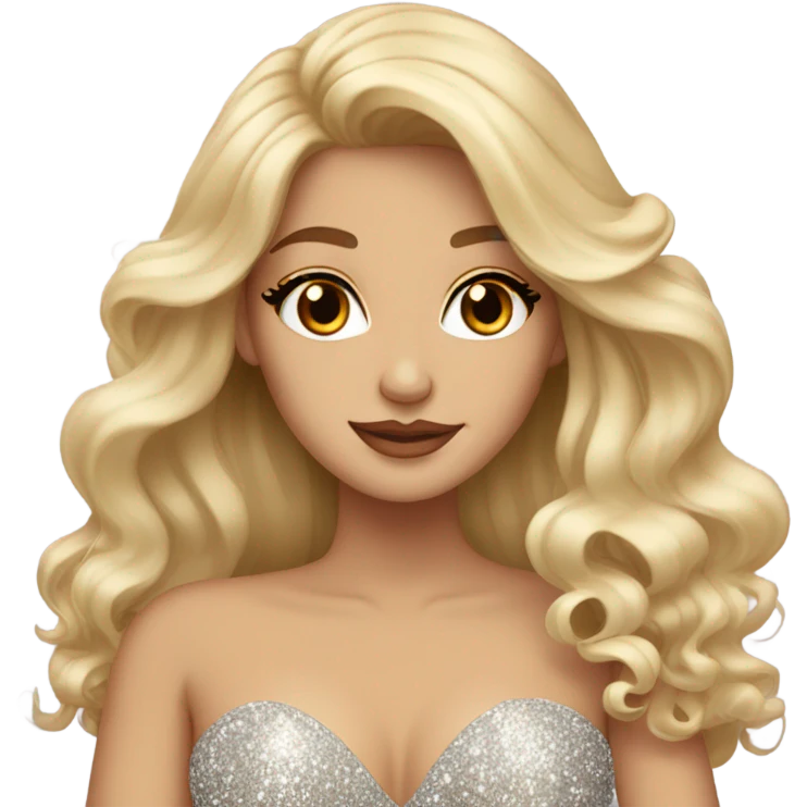 Gorgeous blonde woman, brown eyes, long wavy hair, wearing a sparkly gown emoji