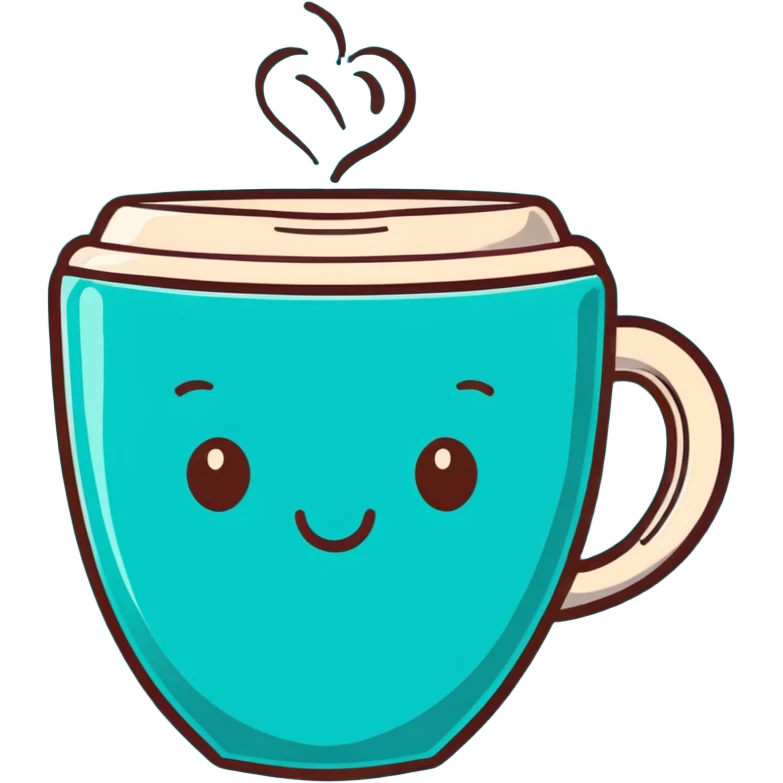 smiling hot coffee cup with heart-shaped steam, mocha brown tones, kawaii soft hand-drawn emoji