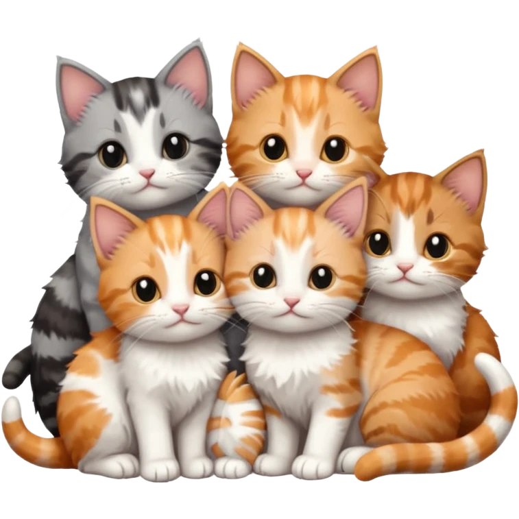 6 tiny kittens cuddling together all different colours, the first one is grey and white, the second is ginger and white and the third is brown tabby and white emoji