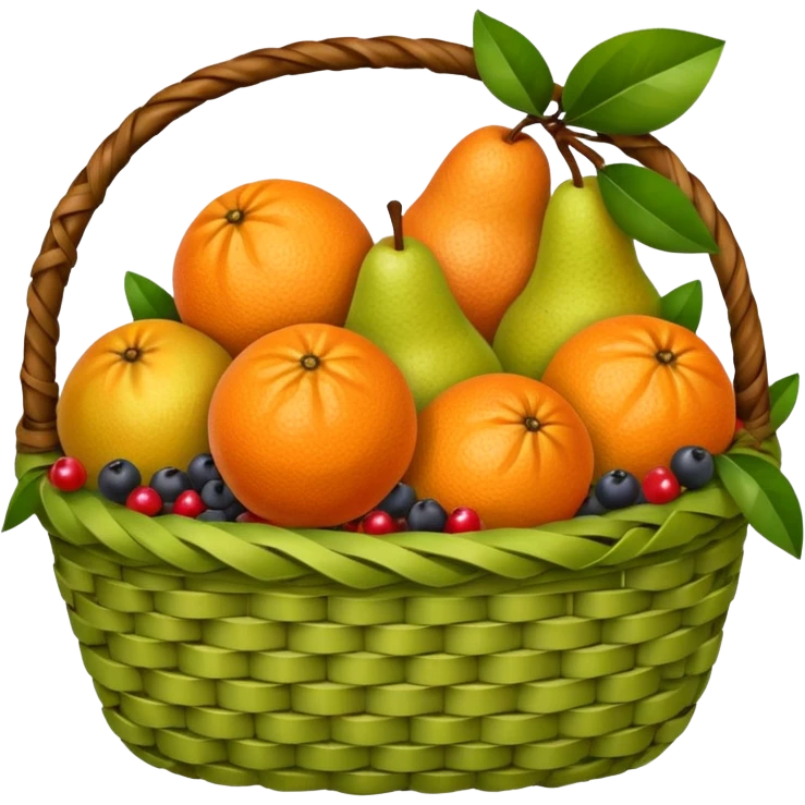 A rustic fruit basket with oranges, pears, and berries.







































 emoji