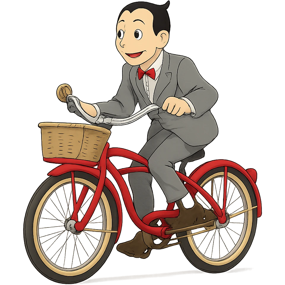 ghibli style Pee-wee Herman on a red bicycle emoji