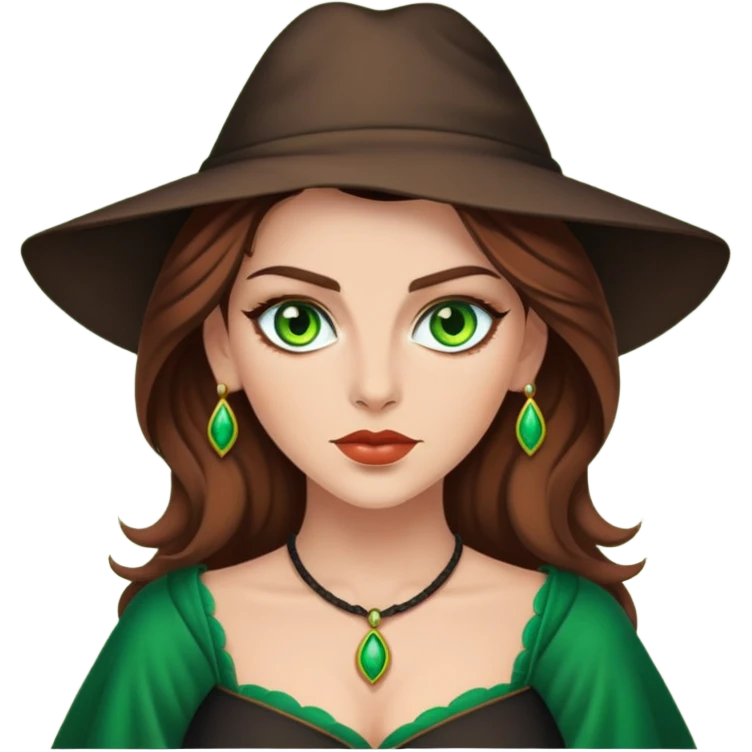 Bruja sexy de tez blanza cabello castaño y ojos verdes  emoji