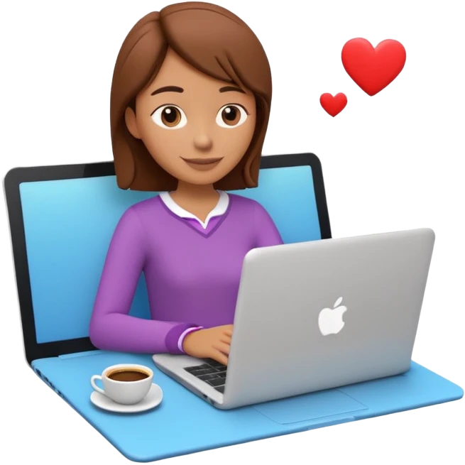 3D clay character relaxed with laptop and coffee, floating icons (envelope, heart, dollar), colofrful outfit, floating icons, white laptop, Pixar style, transparent background emoji