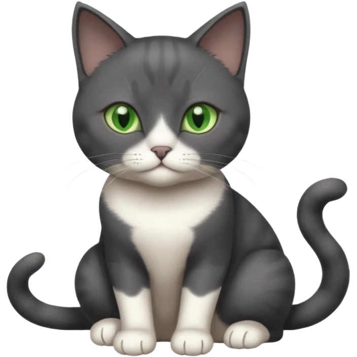 beautiful female solid dark grey cat with green eyes, white toes/paws and white patch on her chest playing emoji