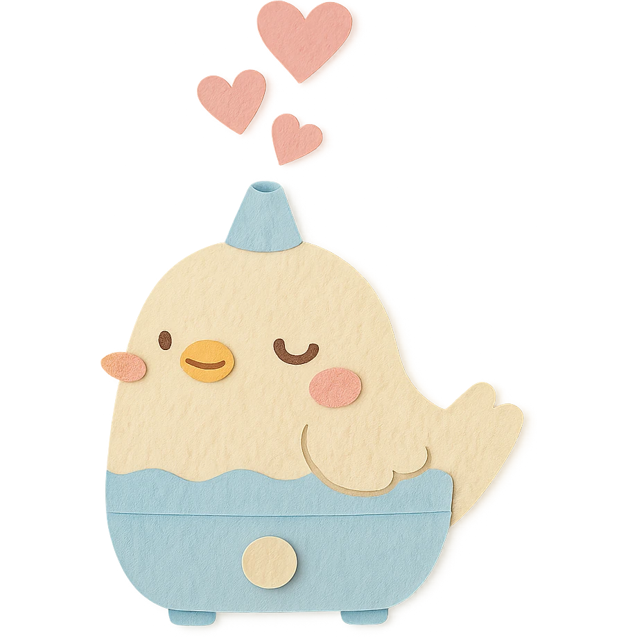 kawaii humidifier bird releasing heart-shaped mist, gentle smile, soft pastel colors, full-body emoji