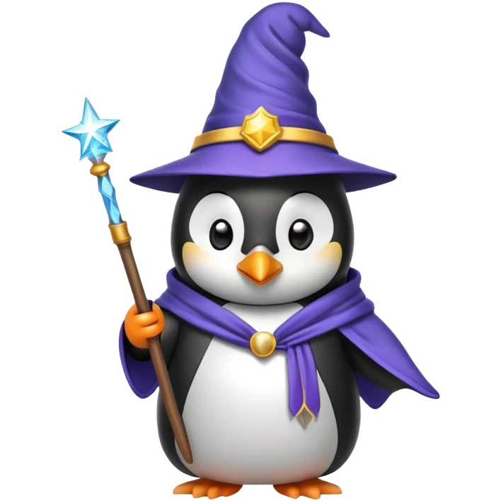 penguin wearing wizard hat and robe holding a magic wand emoji