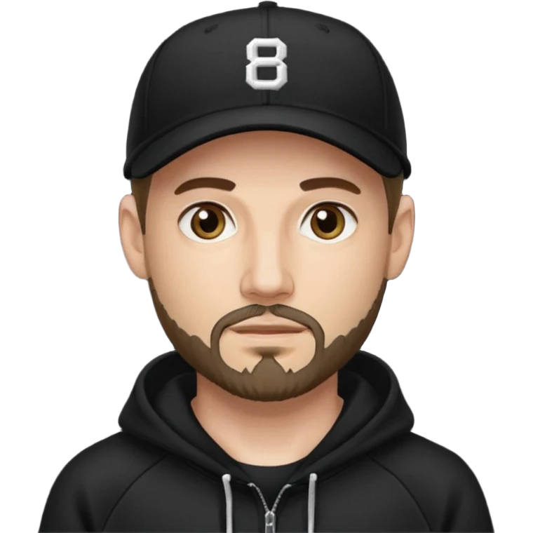 Hombre de ojos claros, con barba fina y perilla, gorra negra de baseball bordada con un 8, y sudadera negra emoji