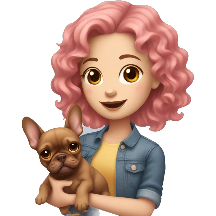  girl with medium pink wavy hair holding a brown french bulldog puppy  emoji