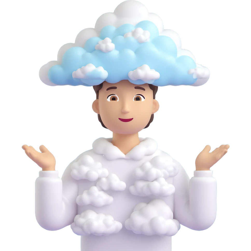 person with upper body up to the shoulders entirely made of clouds, clouds form the shape of the person, 3D emoji style emoji