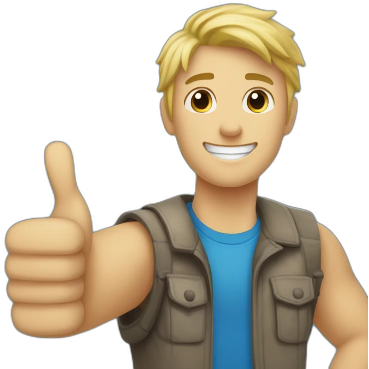 young man with blonde hair giving thumbs up, hand in foreground, head in background, blue t-shirt wide angle shot emoji