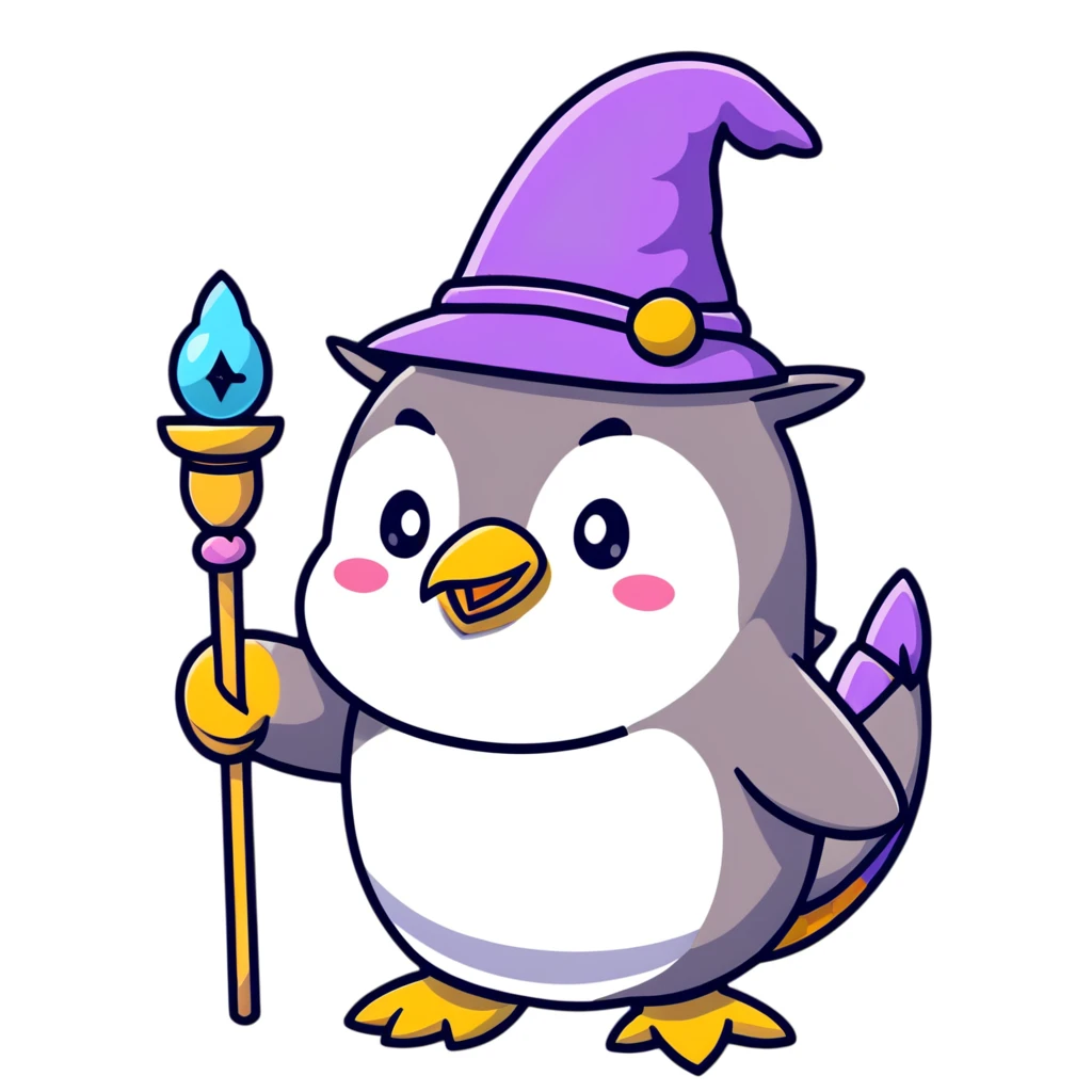 penguin wizard with a staff and hat, surrounded by a small dragon, fairy, and unicorn, colorful fantasy landscape with gothic castle emoji