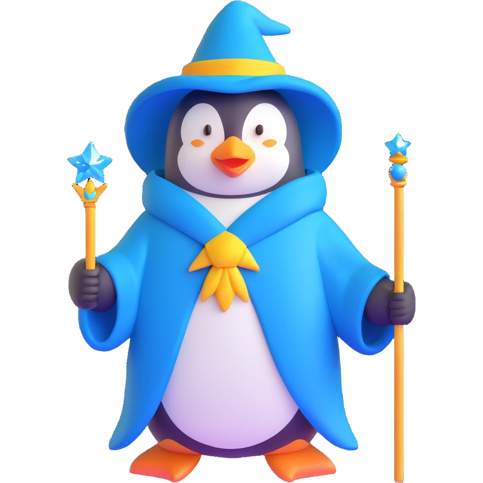 penguin wizard with a blue robe and sparkly wand emoji