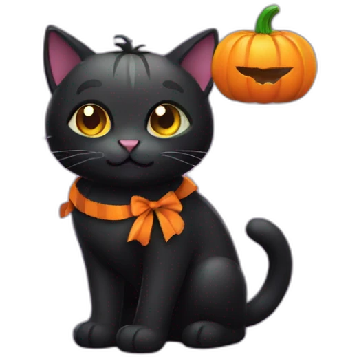 black halloween cat with a pumpkin full of candies emoji