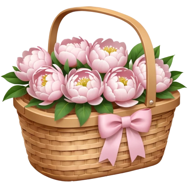 White Picnic basket with light pink bow and white peonies inside emoji