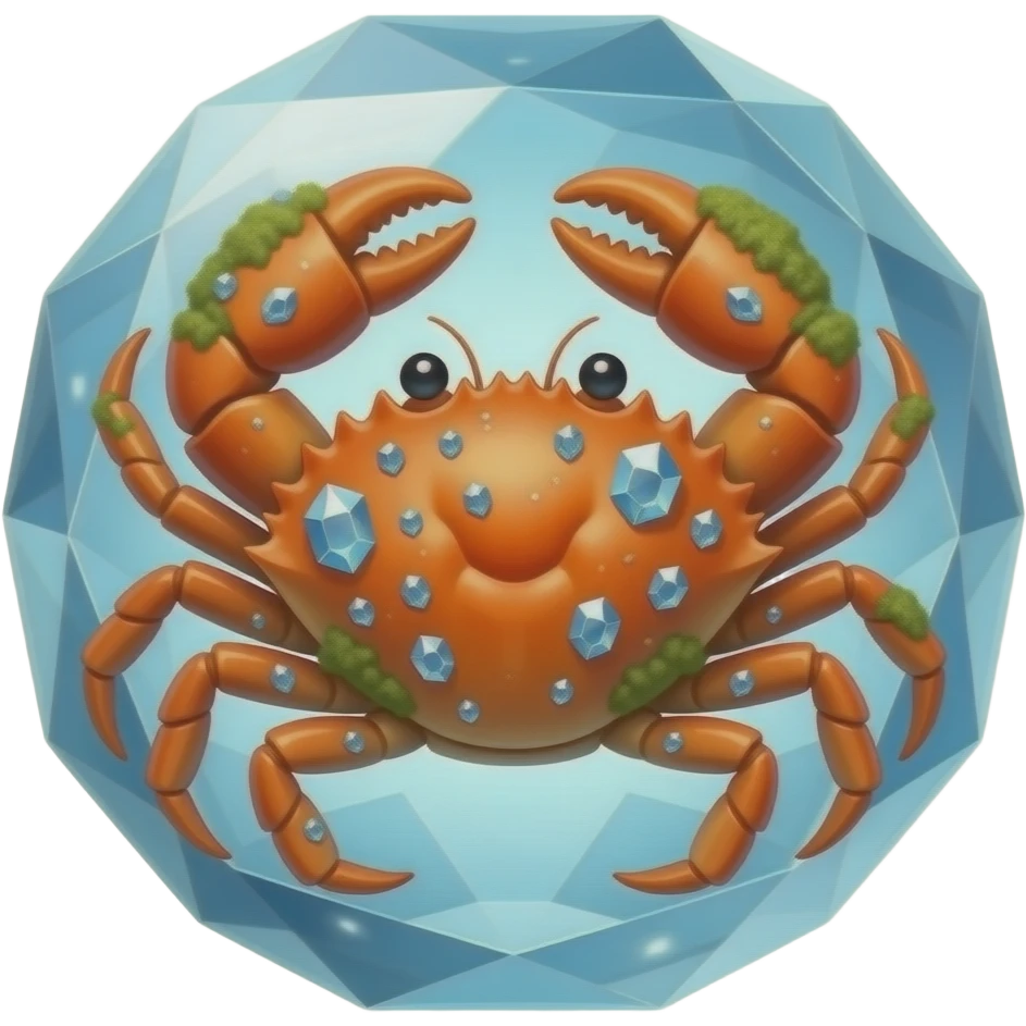 A crab with  in a crystals in a big Crystal on its back with tiny crystals in with moss growing on it ay emoji