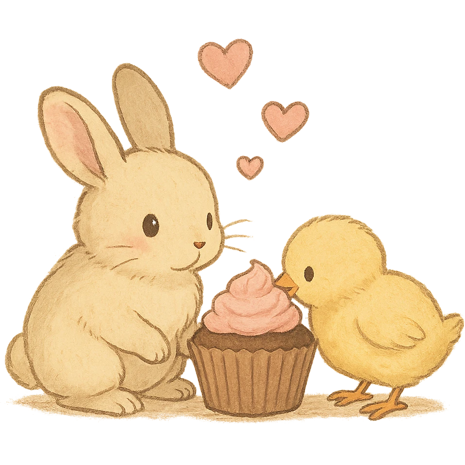 bunny and chick sharing cupcake with hearts floating, soft Ghibli style emoji