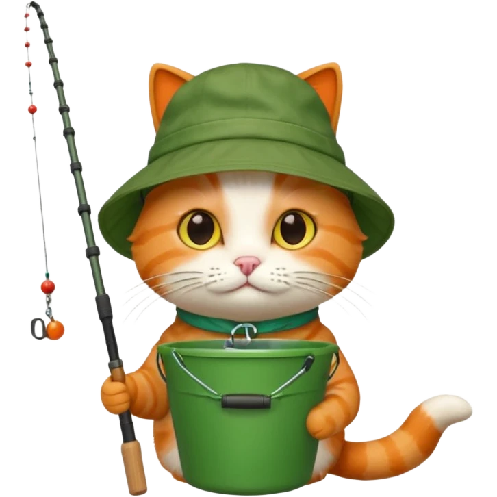 cat holding fishing rod with bucket hat green emoji