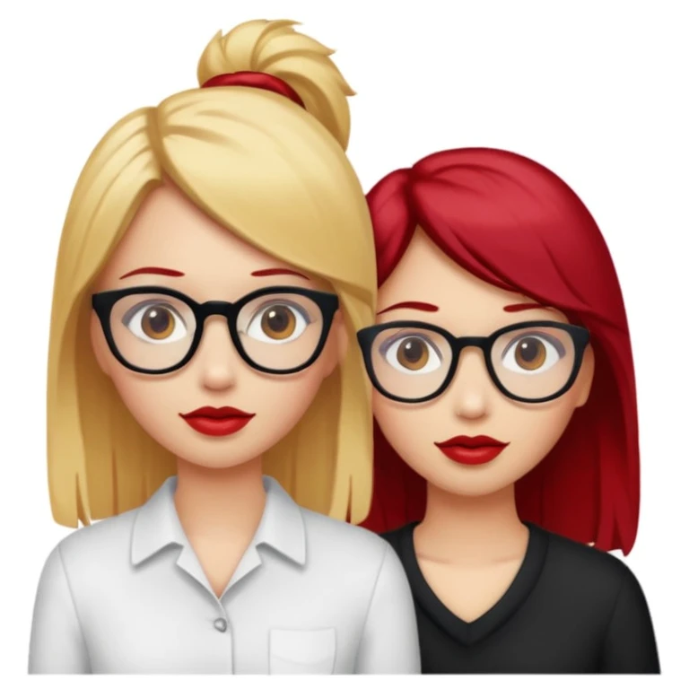 Two white girls, one has blonde hair, brown eyes and glasses and the other one has cherry red hair, brown eyes and red lips emoji