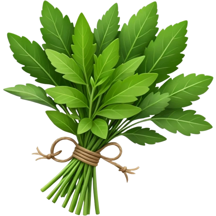 small bundle of fresh herbs (thyme, bay leaf, parsley), tied with natural string, green leaves with color variation and texture, neatly arranged, clean 3D rendering, soft lighting, subtle shadows, no pot or background, no anthropomorphic features, emoji scale emoji