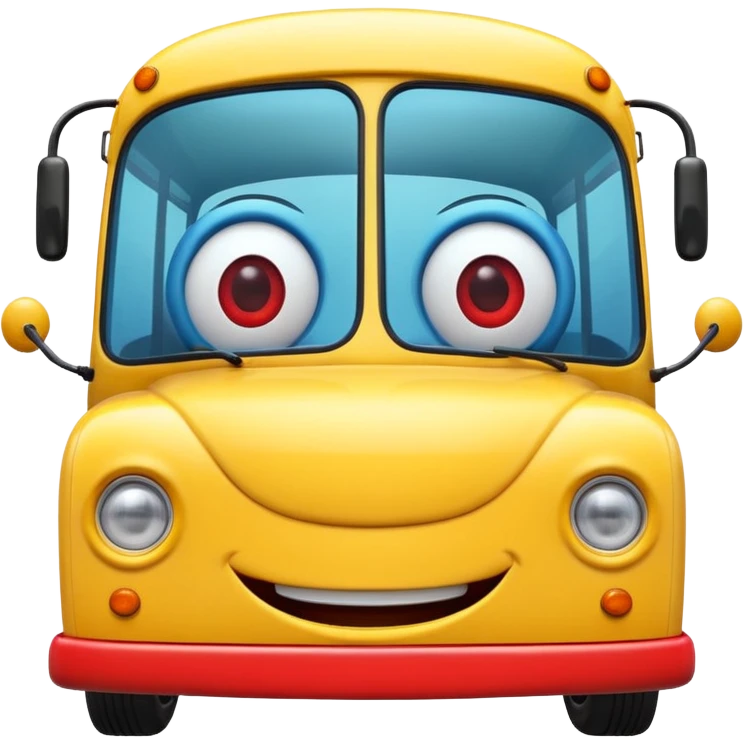 Front view of a bus with a cheerful smiling face, expressive eyes integrated into the windshield, glossy 3D animation style, Pixar-inspired, vibrant colors, soft shadows, cinematic lighting, ultra detailed, 4k render emoji