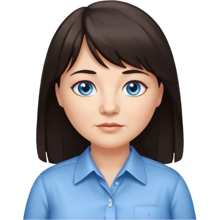 50 yr old woman, blue eyes, long straight dark brown hair, business shirt, chubby, bangs emoji