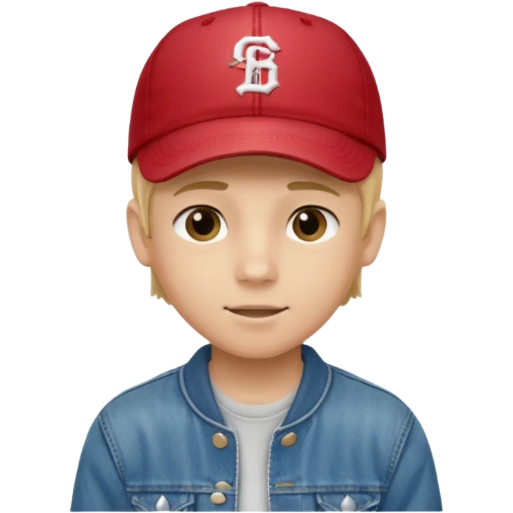 emoji of a teenage boy, straight blonde hair, wearing a baseball cap and jacket, friendly expression emoji