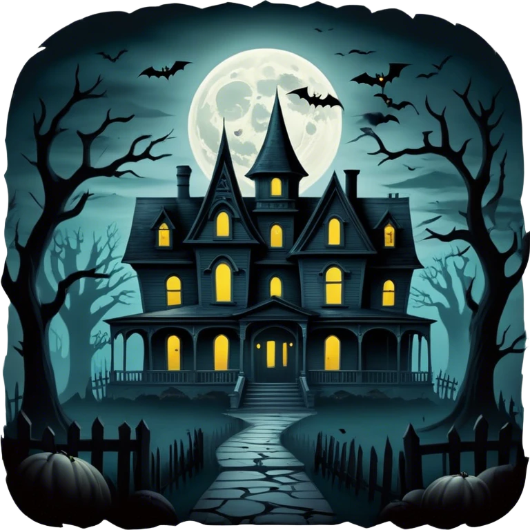 Icon for Horror Movies: A dark, eerie collage featuring iconic horror elements like a haunted house, a full moon, sinister shadows, and creepy creatures emerging from the darkness. The atmosphere should be chilling, with a feeling of suspense and fear. Transparent background. emoji