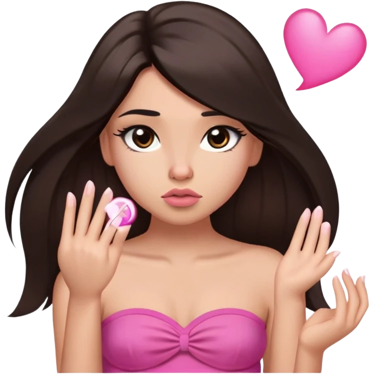 girl with lighter skin, dark brown long straight hair falling in front of her body, pouty shiny lips without cupid's bow, large eyes, lighter button nose, long oval-shaped face, wearing a pink bandeau top with straight neckline, looking directly at camera with hands down at sides emoji