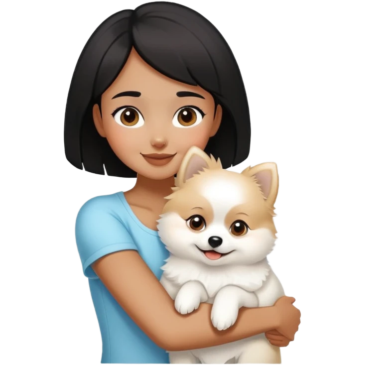 A black short-haired girl happily hugs a white Pomeranian emoji