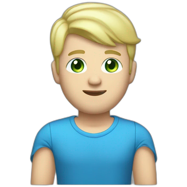 men 30 years old,blond short haire, white skin, blue eyes, green tee-shirt, full body  emoji