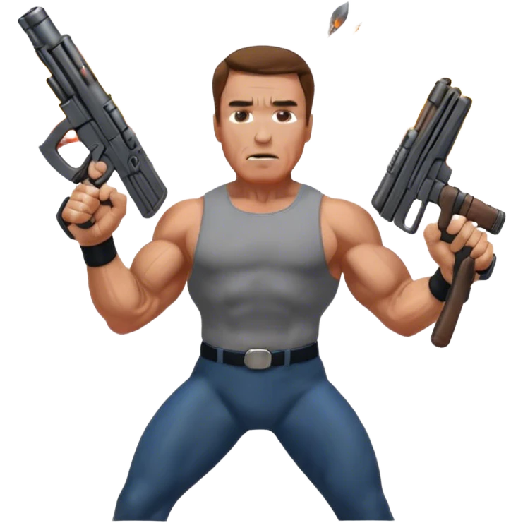 Icon for Action Movies: Arnold Schwarzenegger in the lead role, in an intense action pose with weapons, explosions, and dramatic background. The design should evoke the classic action movie feel with muscle-bound heroes and high-energy sequences. Transparent background. emoji