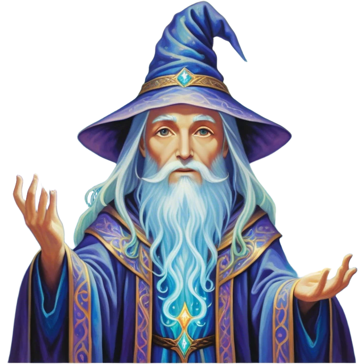A luminescent enchanting Wizard stands beside an alter, his ethereal presence shimmering with otherworldly energy, each detail radiating with mystical power and ancient wisdom. The painting, a masterpiece of acrylic art, captures the Wizards hauntingly beautiful visage in exquisite detail. Swirls of cosmic colors dance around him, evoking a sense of celestial wonder, while intricate patterns of glowing runes adorn his intricate robe. The image is vivid and captivating, drawing viewers into a mesmerizing realm of fantasy and magic. emoji