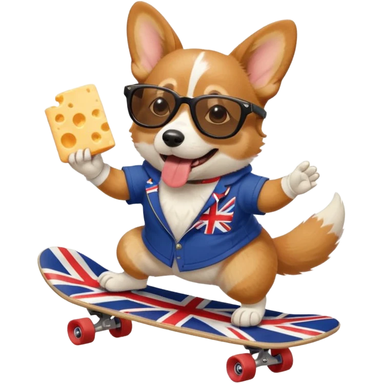 Corgi Dog with sunglasses skateboarding Union Jack eating cheese emoji