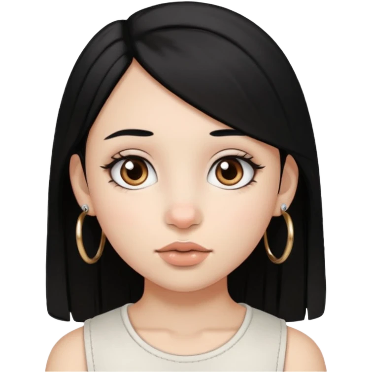 Franja, cabelo preto,cor de pele branca,pirceng de argolinha no nariz,olhos grandes castanhos emoji