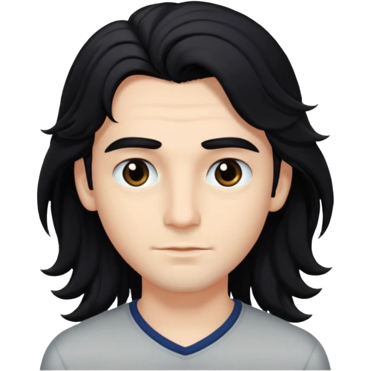 A handsome boy with long, wavy black hair that falls to his eyes, and matching dark eyes and eyebrows.
 emoji