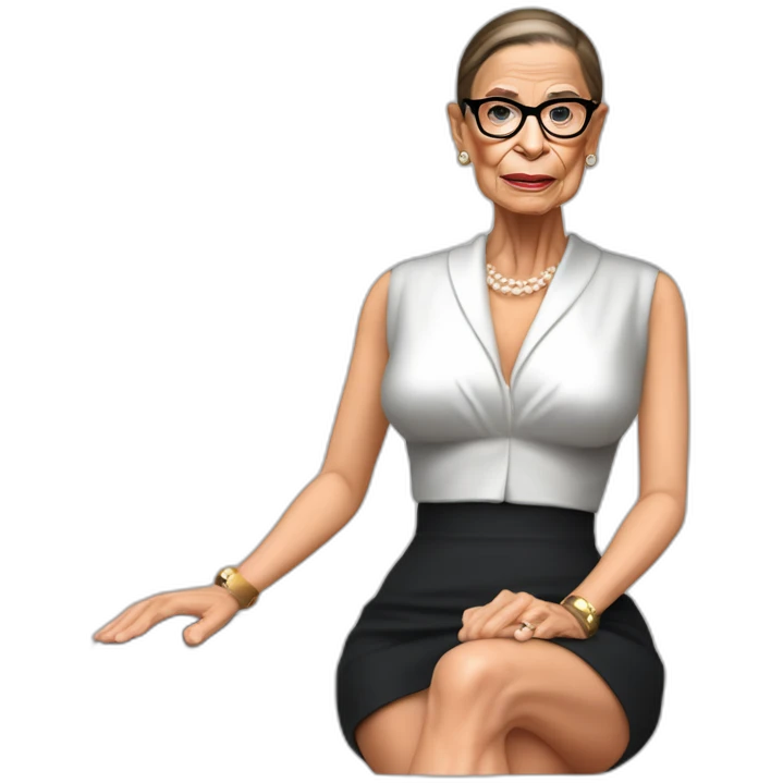 young sexy ruth bader ginsburg wearing a skirt bikini sitting acting out that scene from basic instinct sitting facing forward legs apart(full body, ios17) man's body emoji