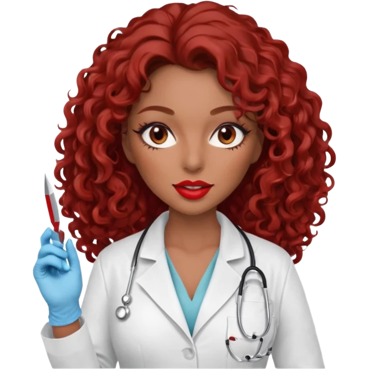 Seductress woman scalpel in hand, evil surgeon sexy surgeon clothes.  She has red eyes. Her  brown long curly hair. Wears sexy doctor outfit with red gloves. make her hair free and brown but she  wear mouth cover   to hide. Wears white surgeon jacket and  only   death long , long beown hair  emoji