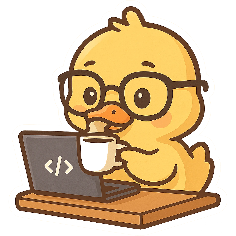 developer duck with glasses sipping coffee at a desk emoji