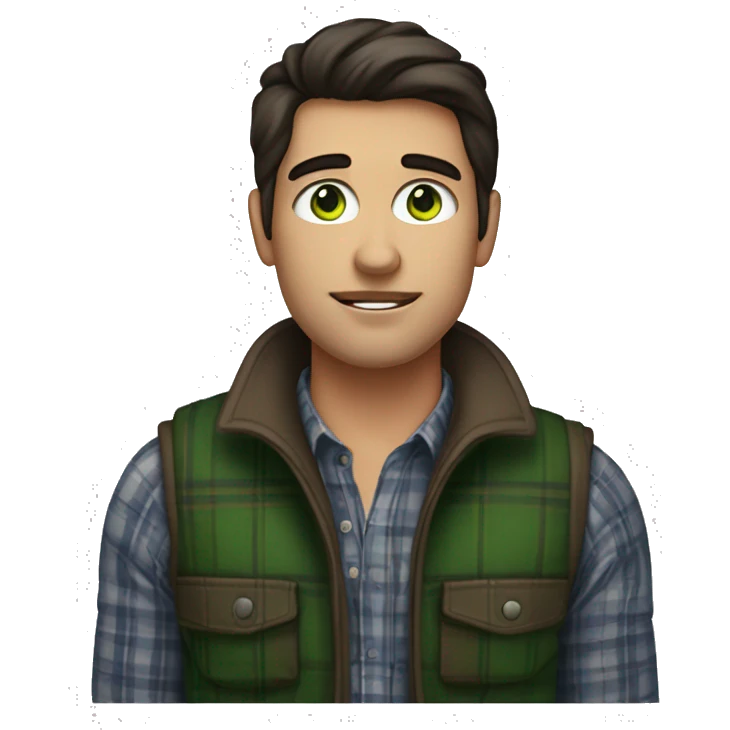 green-eyed guy with dark hair in a plaid shirt and a warm vest with plump lips and big necks emoji