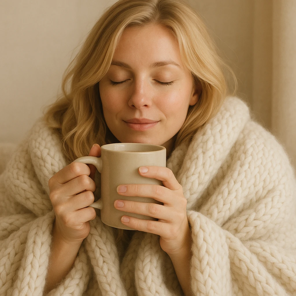 blonde woman snuggled in a blanket, sipping coffee, eyes closed, relaxed and content, soft and cozy style emoji