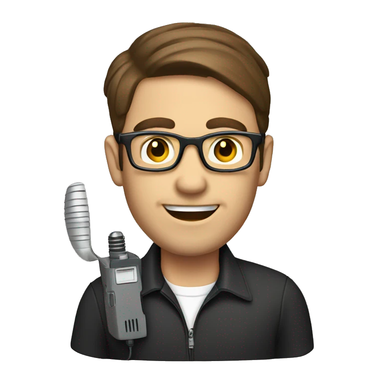 A man with brown hair and glasses holding a radio walkie talkie emoji