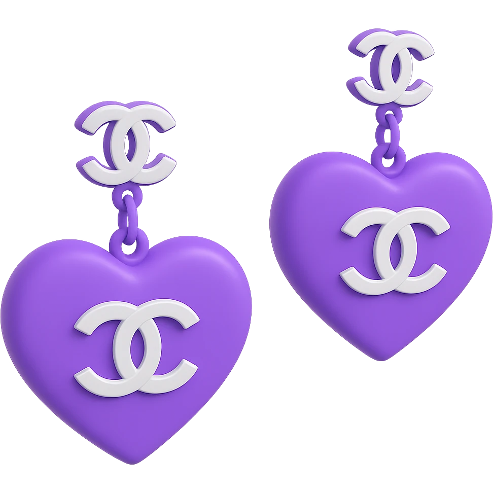 Glossy purple 3D emoji-style heart-shaped earrings with a silver Chanel logo in the center, elegant, no background. emoji
