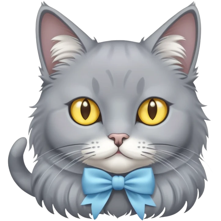a grey cat with yellow eyes and a light blue full-length bow emoji