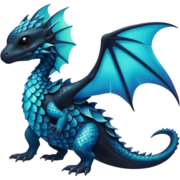 Multicolored dark shiny bioluminescent glowing black and cyan and blue gloomy spooky cute adorable scales-covered pretty cool elegant realistic abyssal exotic Fakémon-Pokémon-Trico-creature, full body emoji