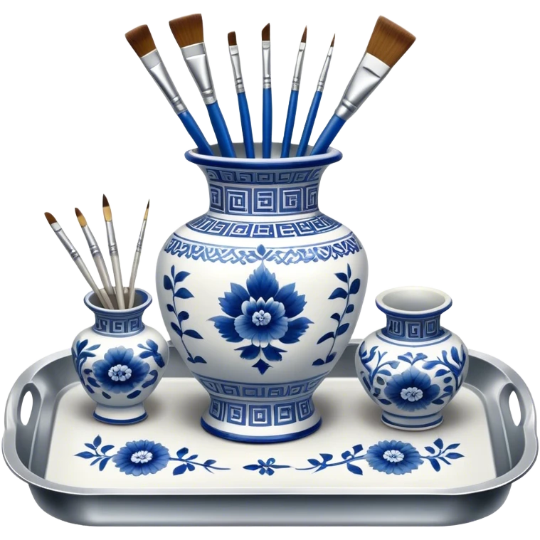 Metal painting icon, a metal vase with intricate designs in Gzhel and Chinese embroidery styles, placed on a metal tray, 3 paintbrushes beside it, minimalistic style, clean lines, transparent background. emoji