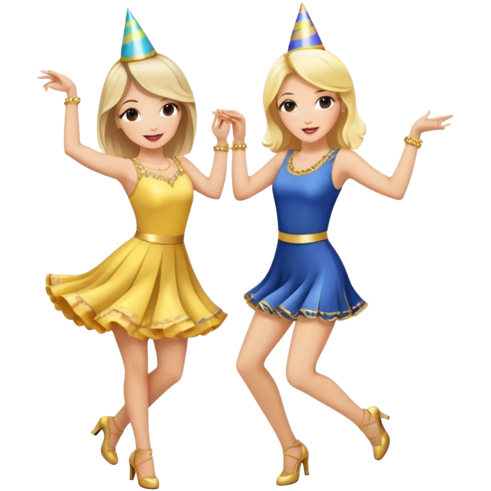 A brunette and a blonde dancing at their 30th bday emoji