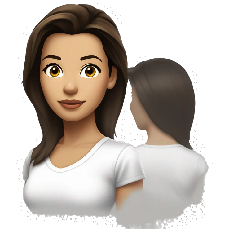 3/4 face, contrasted, shadow, light, Eva Longoria expression, standing from a distance, thin nose, brunette woman, hazel eyes, long eyelashes, dark shoulder shaded hair, white t-shirt, jeans, white sneakers emoji