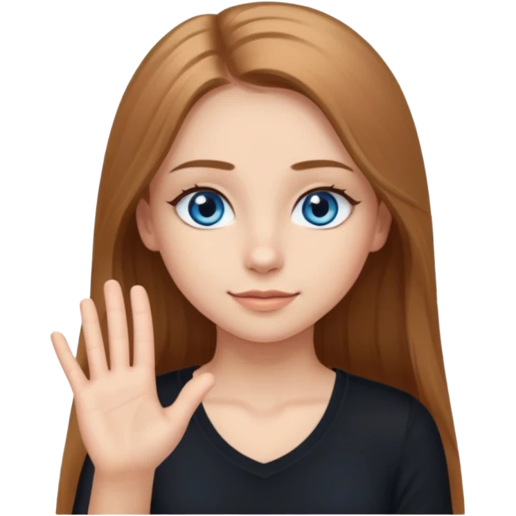 A girly girl with long eyelashes, very long light brown hair, blue eyes, with her palm up. with black undershirt emoji